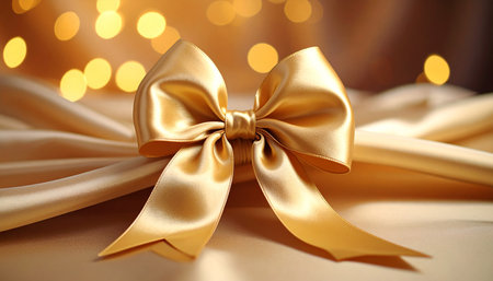 A close-up of a shiny golden bow on smooth satin fabric with soft bokeh lights. Clear details and vibrant col...の素材