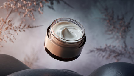 A jar of white cream floats in a soft, ethereal setting with blurred natural elements.の素材