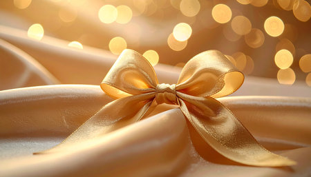 A gold satin bow is elegantly draped on champagne silk with a soft bokeh light effect.の素材