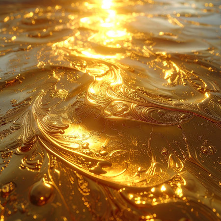 Molten gold liquid forms flowing waves with intricate swirls, illuminated by bright sunlight.の素材