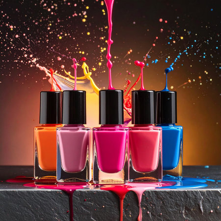 Nail polish bottles with dripping paint and colorful liquid splashes against a dark background.の素材