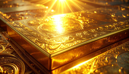 Ornate golden surface with detailed patterns and bright sunburst light Clear details and vibrant colors enhan...の素材