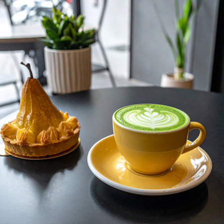 A pear tart with meringue and a matcha latte in a yellow cup are on a table. Clear details and vibrant colors...の素材