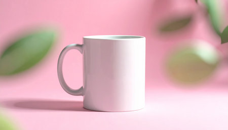 A white ceramic mug is placed on a pink surface with blurred green leaves in the background.の素材