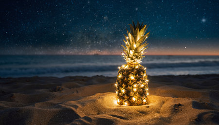Pineapple decorated with fairy lights on a sandy beach at night with starry sky Clear details and vibrant col...の素材