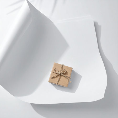 A small kraft paper gift box tied with twine on a white paper surface with dramatic shadowsの素材