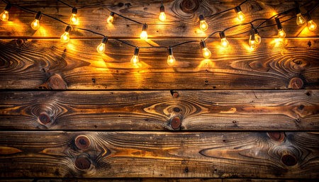 Warm glowing string lights draped across a rustic wooden plank background creating a cozy ambianceの素材