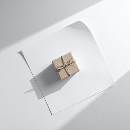 Overhead view of a small kraft paper gift box tied with twine on a white paper surfaceの素材