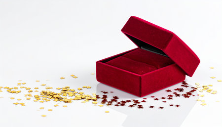 Red velvet ring box with gold confetti scattered on a reflective white surface. Clear details and vibrant col...の素材