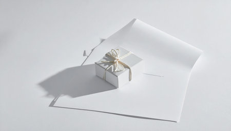 A white gift box tied with a natural string bow rests on a white paper surface with cast shadows.の素材