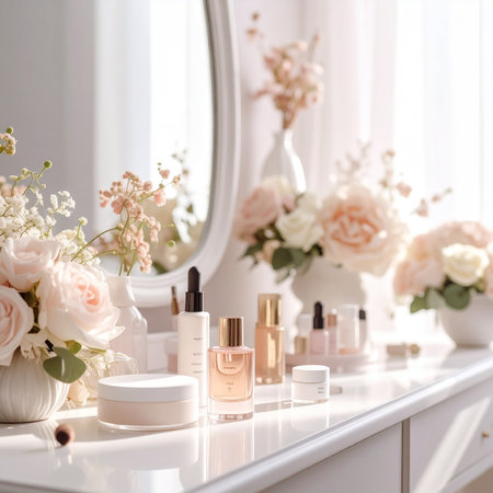 Assorted beauty products and pink flowers are displayed on a white vanity in soft light.の素材