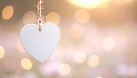 A white heart ornament hangs from twine against a soft bokeh background with golden light.の素材