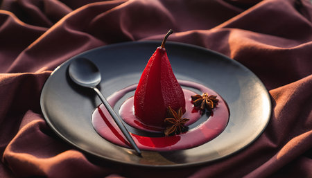 A whole red poached pear sits on a dark plate with syrup and star anise. Clear details and vibrant colors enh...の素材
