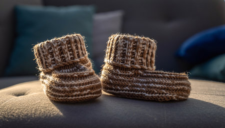 Rustic knitted baby booties with ribbed cuffs on a textured surface. Clear details and vibrant colors enhance...の素材