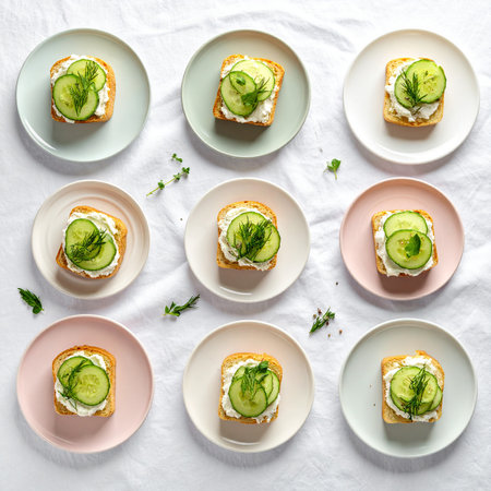 Nine small open-faced sandwiches with cream cheese, cucumber, and dill on colorful platesの素材