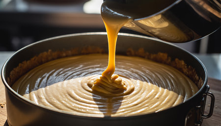 Caramel filling being poured into a pie crust in a baking pan. Clear details and vibrant colors enhance visua...の素材