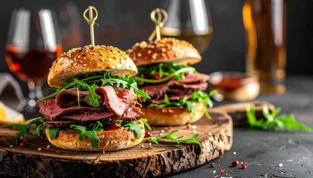 Two beef sliders with arugula and sauce are displayed on a wooden board with drinks.の素材