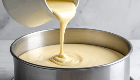 Yellow batter streams into a round metal baking pan, preparing for baking. Clear details and vibrant colors e...の素材