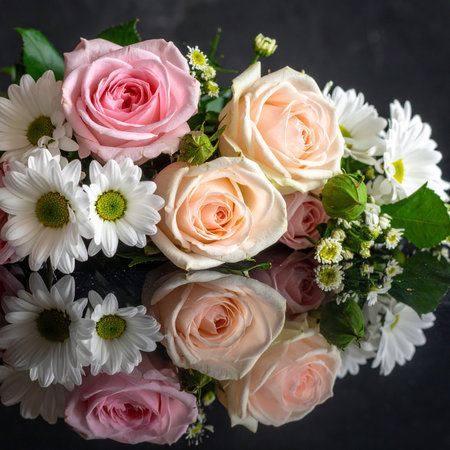 A bouquet of pink and peach roses with white daisies reflected on a dark surface.の素材