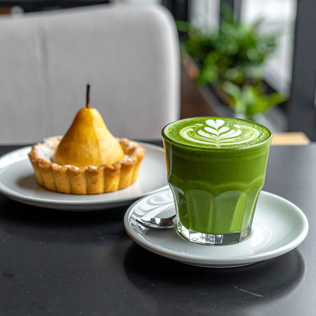 A pear tart with powdered sugar and a matcha latte in a glass sit on a table. Clear details and vibrant color...の素材