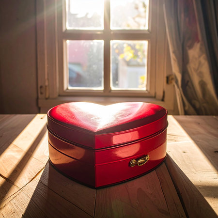 Red heart shaped box on a wooden table bathed in sunlight streaming through a window.の素材