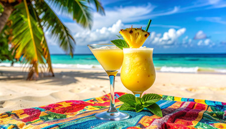 Two tropical pineapple cocktails on a colorful towel on a sandy beach with palm trees.の素材