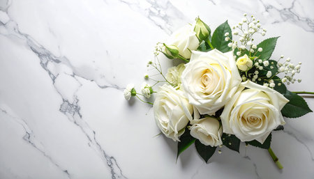 White rose bouquet with baby's breath on a marble surface with copy space. Clear details and vibrant colors e...の素材
