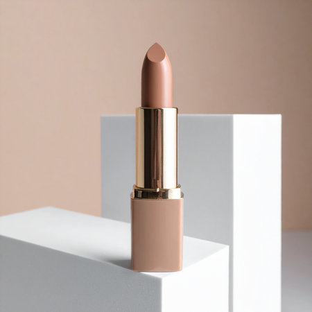 A tan lipstick with a gold tube rests on white geometric blocks in a studio. Clear details and vibrant colors...の素材