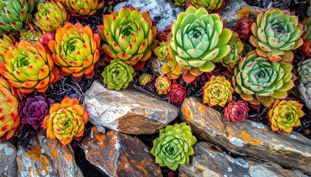 Botany showing vibrant succulent plants growing among rocks with colorful leaves keywords: succulent, plant,...の素材