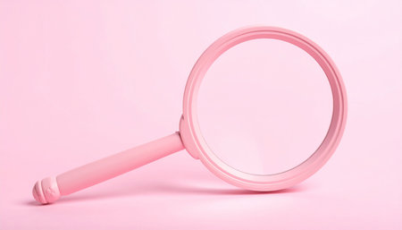 A pink magnifying glass rests on a soft pink background, casting a subtle shadow.の素材