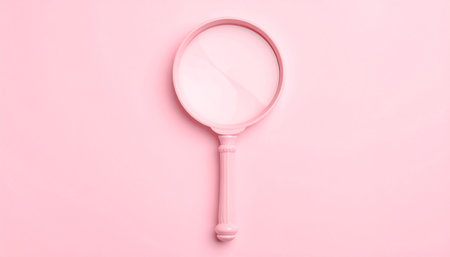 A pink magnifying glass with an ornate handle rests on a solid pink background. Clear details and vibrant col...の素材