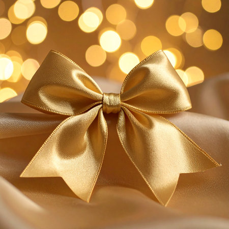 A golden satin bow is centered on cream silk fabric with a bokeh light background.の素材