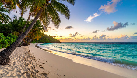 Dawn showing idyllic tropical beach at sunrise with palm trees and calm ocean waters keywords: beach,...の素材