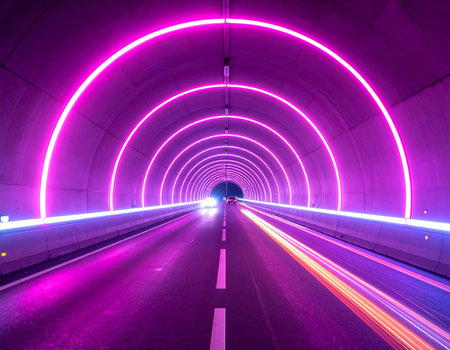 Futuristic tunnel with glowing pink neon lights and light trails from moving carsの素材
