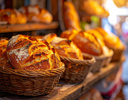 Close-up of crusty sourdough bread loaves in woven baskets on a wooden shelf. Clear details and vibrant color...の素材