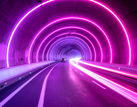Dark tunnel with vibrant purple neon rings and light streaks from vehicles Clear details and vibrant colors e...の素材
