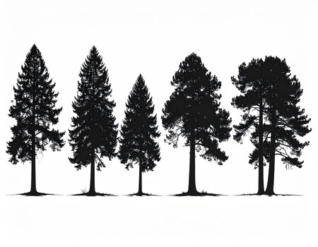 Five distinct black silhouettes of pine trees are arranged on a white background Clear details and vibrant co...の素材
