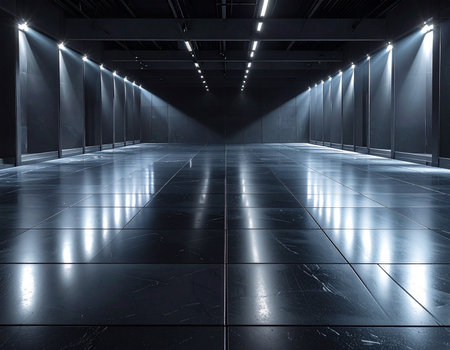 Dark industrial interior with a reflective floor and overhead spotlights creating dramatic shadows.の素材