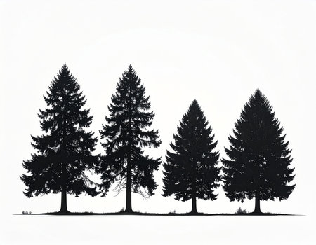 Black silhouettes of four pine trees stand in a row on a white background Clear details and vibrant colors en...の素材