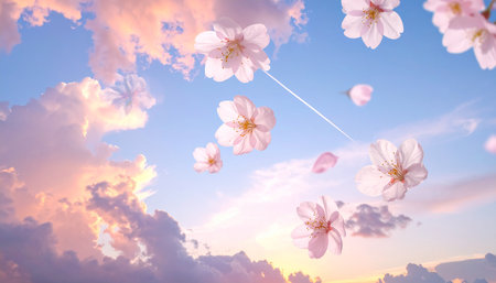 Nature showing cherry blossoms and petals dance in the sky with soft clouds at sunset keywords: cherry...の素材