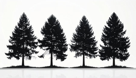 Four black silhouettes of coniferous trees stand on a white surface, showing reflections below them.の素材