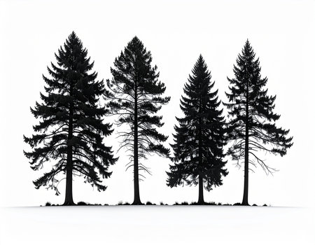 Four black silhouettes of coniferous trees stand on a strip of grass against a clean white background.の素材