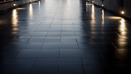A dark tiled floor with a polished surface reflects warm yellow and orange light from wall-mounted fixtures.の素材