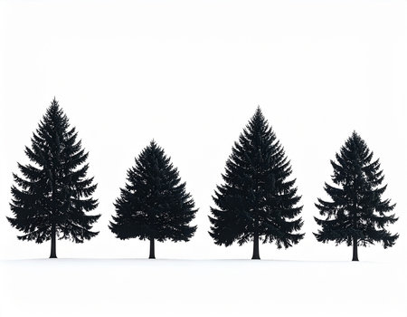 Four black silhouettes of coniferous trees are positioned on a white surface with a hint of snow at their bases.の素材