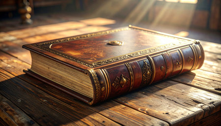 A detailed antique leather book with gold embellishments rests on a rustic wooden table.の素材
