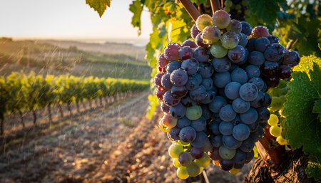 A cluster of ripe grapes on a vine with a vineyard and rain in the background. Clear details and vibrant colo...の素材