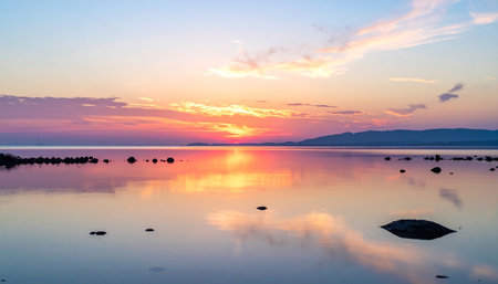 A peaceful sunset with pastel colors reflects on calm water dotted with rocks, under a soft pink and blue sky.の素材