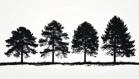 Silhouette of four pine trees standing in a row on a white background, isolated and stark.の素材