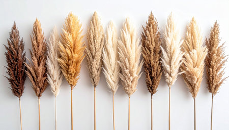 A row of dried pampas grass stems in various natural colors lined up on a white background.の素材
