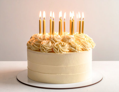 A round, cream-colored cake topped with golden candles and swirled frosting roses.の素材